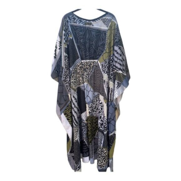 Maxi Kaftan Long Dress Geometric Pattern Silk Caftan One Size - Picture 2 of 7